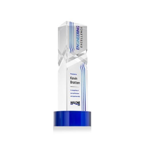 Awards and Trophies - Crystal Awards - Oakham Full Color Blue on Stanrich Base Towers Crystal Award