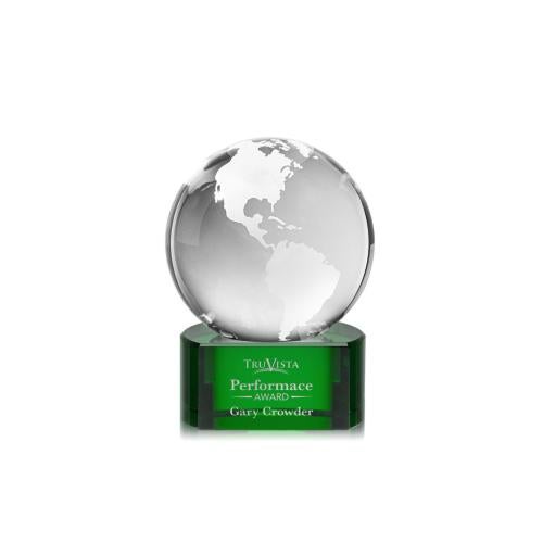 Awards and Trophies - Crystal Awards - Globe Green on Paragon Base Globe Crystal Award