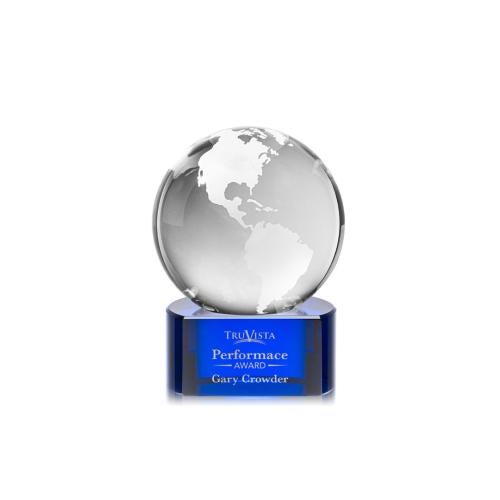 Awards and Trophies - Crystal Awards - Globe Blue on Paragon Base Globe Crystal Award