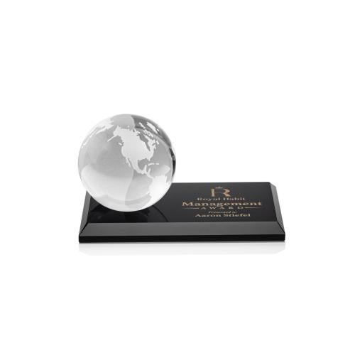 Awards and Trophies - Crystal Awards - Globe Black on Rectangle Base Globe Crystal Award