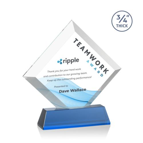 Awards and Trophies - Crystal Awards - Belaire Full Color Sky Blue on Newhaven Base Diamond Crystal Award