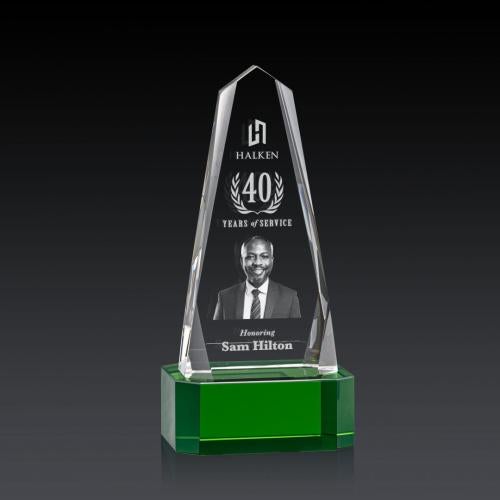Awards and Trophies - Crystal Awards - Geneva 3D Green on Base Obelisk Crystal Award