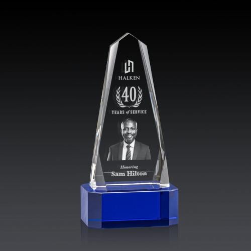 Awards and Trophies - Crystal Awards - Geneva 3D Blue on Base Obelisk Crystal Award