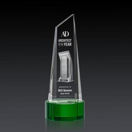 Awards and Trophies - Crystal Awards - Akron Tower 3D Green on Base Peaks Crystal Award