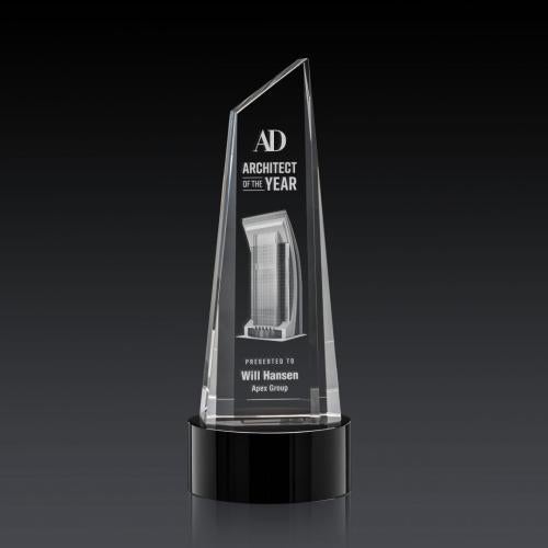 Awards and Trophies - Crystal Awards - Akron Tower 3D Black on Base Peaks Crystal Award
