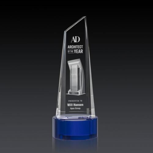 Awards and Trophies - Crystal Awards - Akron Tower 3D Blue on Base Peaks Crystal Award
