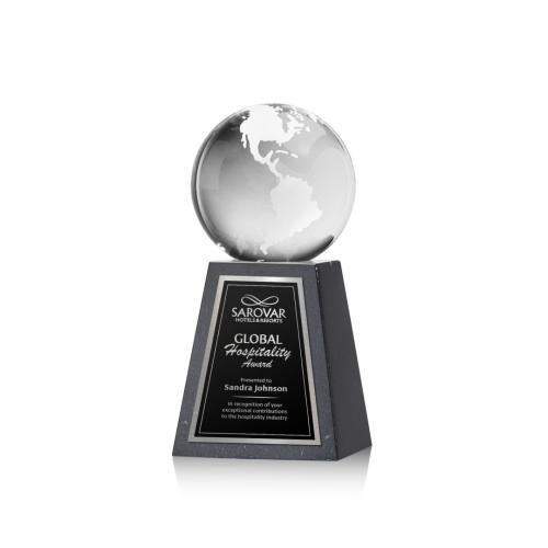 Awards and Trophies - Crystal Awards - Globe Globe on Tall Marble Base Crystal Award