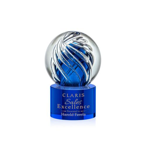 Awards and Trophies - Crystal Awards - Glass Awards - Art Glass Awards - Genista Blue on Marvel Base Globe Glass Award