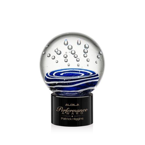 Awards and Trophies - Crystal Awards - Glass Awards - Art Glass Awards - Tranquility Black on Marvel Base Globe Glass Award