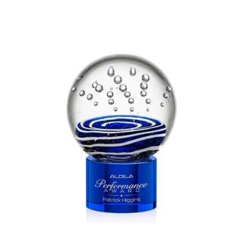 Awards and Trophies - Crystal Awards - Glass Awards - Art Glass Awards - Tranquility Blue on Marvel Base Globe Glass Award