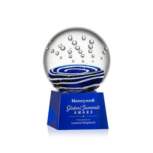 Awards and Trophies - Crystal Awards - Glass Awards - Art Glass Awards - Tranquility Blue on Robson Base Globe Glass Award