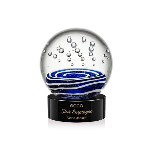 Awards and Trophies - Crystal Awards - Glass Awards - Art Glass Awards - Tranquility Black on Stanrich Base Globe Glass Award
