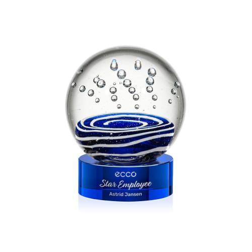 Awards and Trophies - Crystal Awards - Glass Awards - Art Glass Awards - Tranquility Blue on Stanrich Base Globe Glass Award