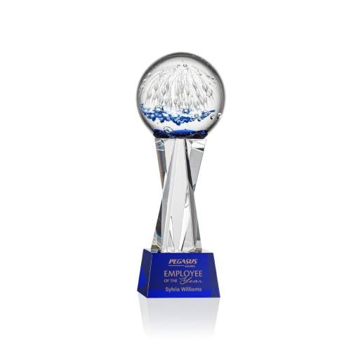 Awards and Trophies - Crystal Awards - Glass Awards - Art Glass Awards - Starburst Blue on Grafton Base Globe Glass Award