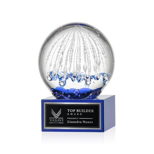 Awards and Trophies - Crystal Awards - Glass Awards - Art Glass Awards - Starburst Blue on Hancock Base Globe Glass Award