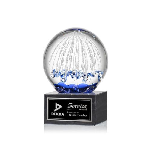 Awards and Trophies - Crystal Awards - Glass Awards - Art Glass Awards - Starburst Globe on Square Marble Base Glass Award
