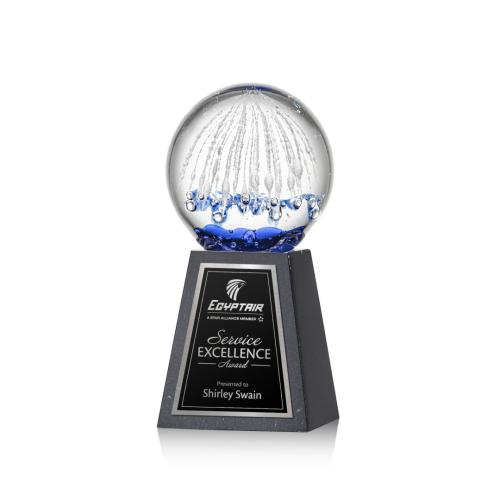 Awards and Trophies - Crystal Awards - Glass Awards - Art Glass Awards - Starburst Globe on Tall Marble Base Glass Award