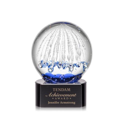 Awards and Trophies - Crystal Awards - Glass Awards - Art Glass Awards - Starburst Black on Paragon Base Globe Glass Award