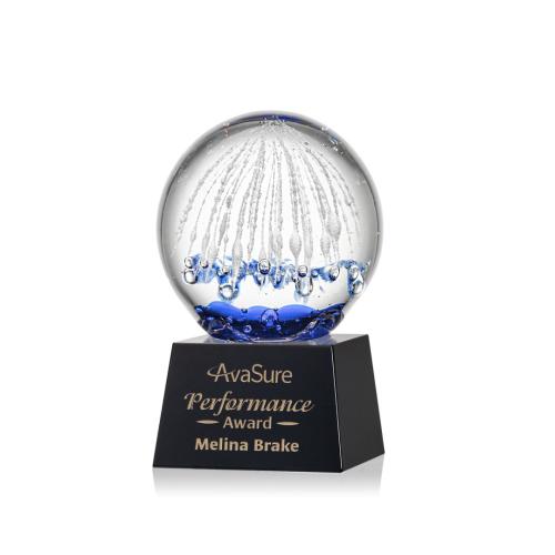 Awards and Trophies - Crystal Awards - Glass Awards - Art Glass Awards - Starburst Black on Robson Base Globe Glass Award