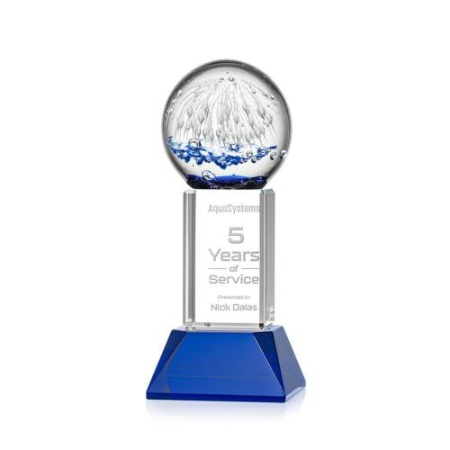 Awards and Trophies - Crystal Awards - Glass Awards - Art Glass Awards - Starburst Blue on Stowe Base Globe Glass Award