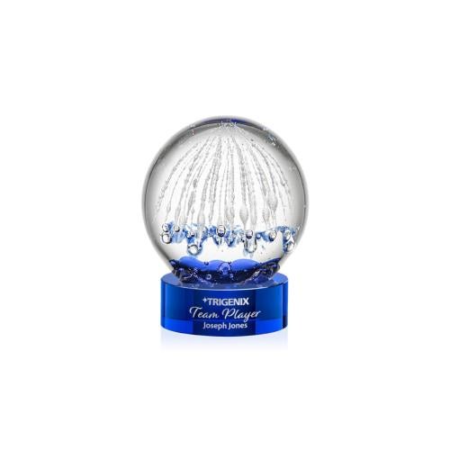 Awards and Trophies - Crystal Awards - Glass Awards - Art Glass Awards - Starburst Blue on Stanrich Base Globe Glass Award