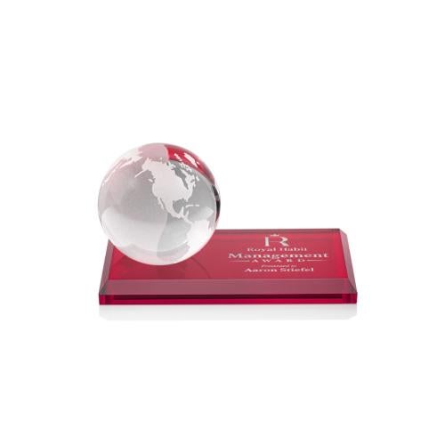 Awards and Trophies - Crystal Awards - Globe Red on Rectangle Base Globe Crystal Award