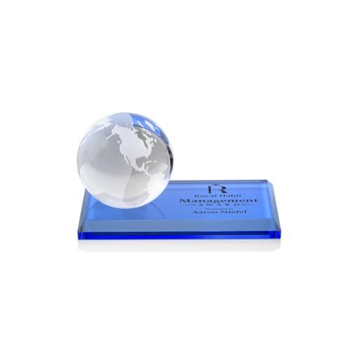 Awards and Trophies - Crystal Awards - Globe Sky Blue on Rectangle Base Globe Crystal Award