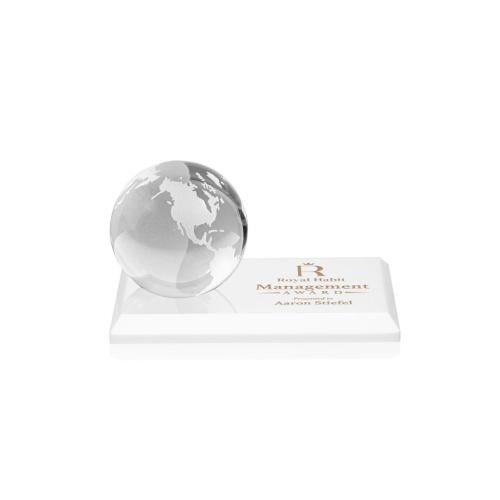 Awards and Trophies - Crystal Awards - Globe White on Rectangle Base Globe Crystal Award