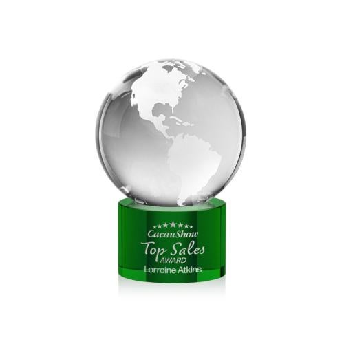 Awards and Trophies - Crystal Awards - Globe Green on Marvel Base Globe Crystal Award
