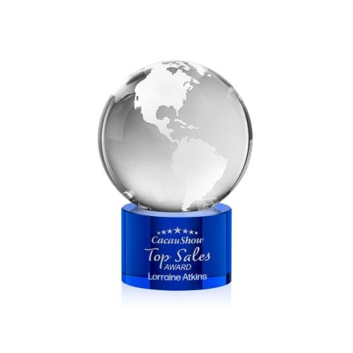 Awards and Trophies - Crystal Awards - Globe Blue on Marvel Base Globe Crystal Award