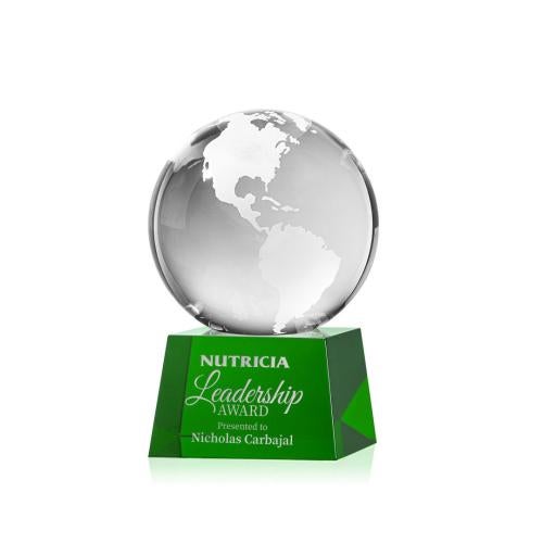 Awards and Trophies - Crystal Awards - Globe Green on Robson Base Globe Crystal Award