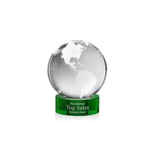 Awards and Trophies - Crystal Awards - Globe Green on Stanrich Base Globe Crystal Award