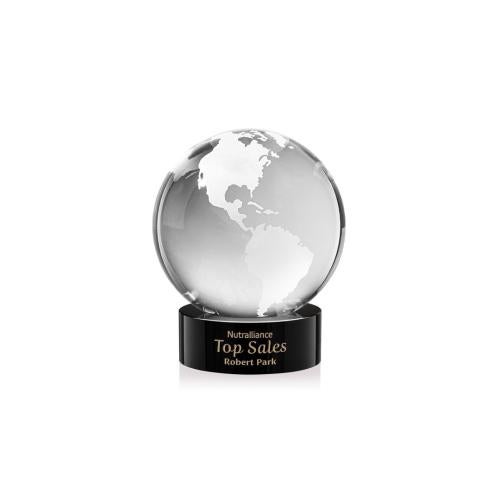 Awards and Trophies - Crystal Awards - Globe Black on Stanrich Base Globe Crystal Award