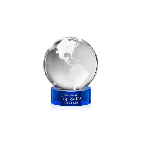 Awards and Trophies - Crystal Awards - Globe Blue on Stanrich Base Globe Crystal Award