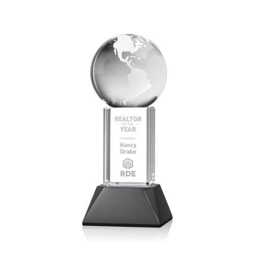 Awards and Trophies - Crystal Awards - Globe Black on Stowe Base Globe Crystal Award