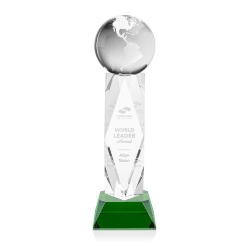Awards and Trophies - Crystal Awards - Globe Green on Toscana Base Globe Crystal Award