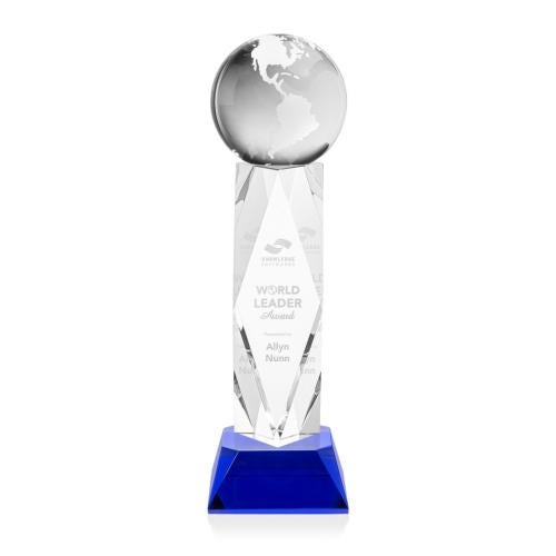 Awards and Trophies - Crystal Awards - Globe Blue on Toscana Base Globe Crystal Award