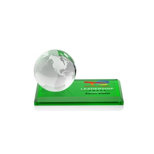 Awards and Trophies - Crystal Awards - Globe Full Color Green on Rectangle Base Globe Crystal Award