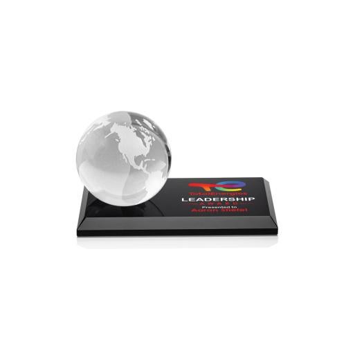 Awards and Trophies - Crystal Awards - Globe Full Color Black on Rectangle Base Globe Crystal Award