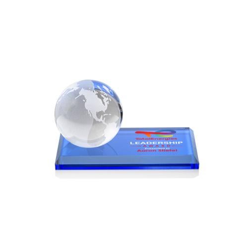 Awards and Trophies - Crystal Awards - Globe Full Color Sky Blue on Rectangle Base Globe Crystal Award