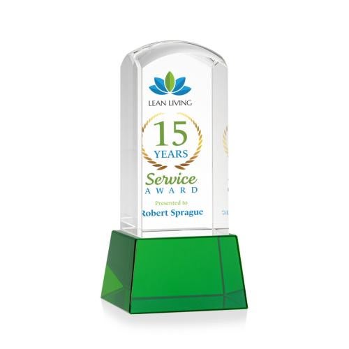 Awards and Trophies - Crystal Awards - Silkwood Full Color Green on Base Towers Crystal Award