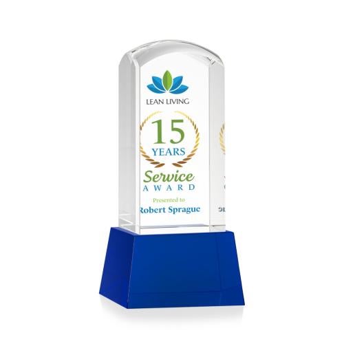 Awards and Trophies - Crystal Awards - Silkwood Full Color Blue on Base Towers Crystal Award