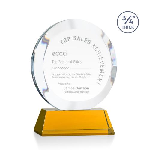 Awards and Trophies - Crystal Awards - Gibralter Amber on Newhaven Base Circle Crystal Award