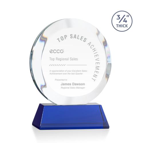 Awards and Trophies - Crystal Awards - Gibralter Blue on Newhaven Base Circle Crystal Award