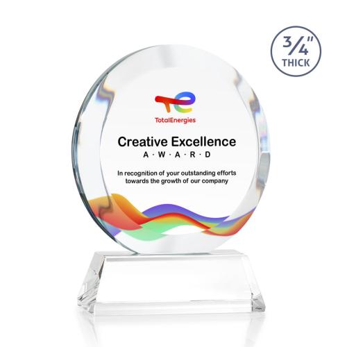 Awards and Trophies - Crystal Awards - Gibralter Full Color Clear on Newhaven Base Circle Crystal Award
