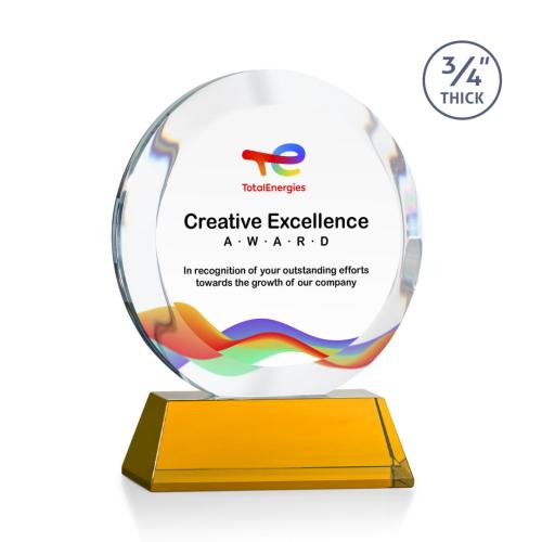 Awards and Trophies - Crystal Awards - Gibralter Full Color Amber on Newhaven Base Circle Crystal Award