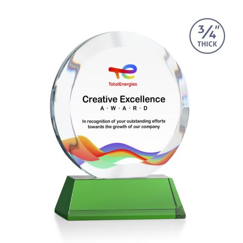Awards and Trophies - Crystal Awards - Gibralter Full Color Green on Newhaven Base Circle Crystal Award