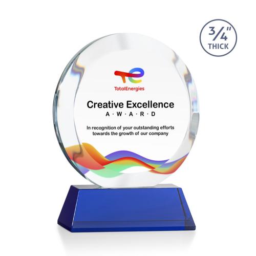Awards and Trophies - Crystal Awards - Gibralter Full Color Blue on Newhaven Base Circle Crystal Award