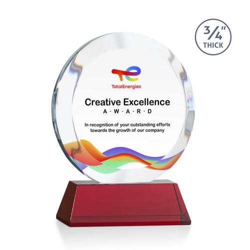 Awards and Trophies - Crystal Awards - Gibralter Full Color Red on Newhaven Base Circle Crystal Award