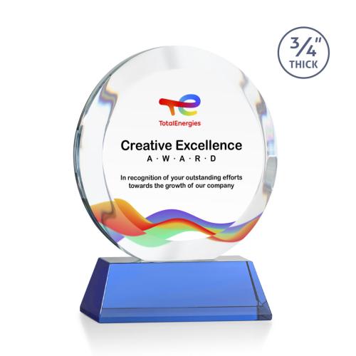 Awards and Trophies - Crystal Awards - Gibralter Full Color Sky Blue on Newhaven Base Circle Crystal Award